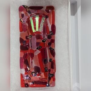 Hand crafted fused glass red Mezuzah case With opalescent dichroic glass judaica